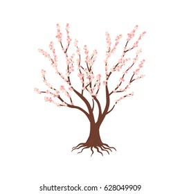 Vector flat cherry isolated. Single blooming cherry with pink flowers on white background
