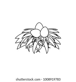 vector flat chicken hen brown eggs in hay nest isolated monochrome icon. Illustration on a white background. Farm poultry chicken objects for advertising, coloring book for children design