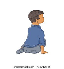 vector flat child - boy sitting at preschool class listening attentively, with interest to a teacher, back side view. Isolated illustration on a white background. Kindergarten concept