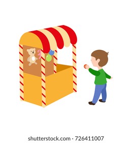 vector flat children in amusement park concept. Boy having fun in shooting gallery tent from funfair carnival image. Isolated illustration on a white background.