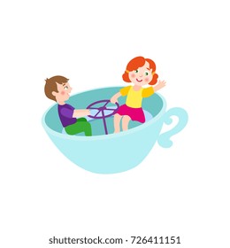 vector flat children in amusement park concept. Boy and girl kids having fun sitting in rotating chair cup or playing rocking cups. Isolated illustration on a white background.