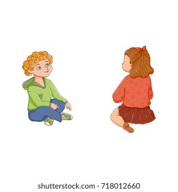 vector flat children - boy and girl sitting at preschool class listening attentively to a teacher, back and front side view. Isolated illustration on a white background. Kindergarten concept