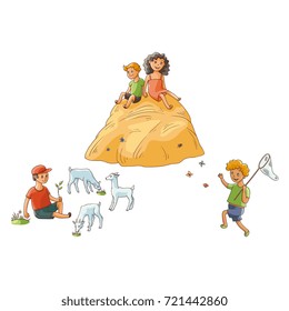 vector flat children at countryside scenes set. boy sitting at meadow grazing goats, children sitting at haystack, boy catching butterflies with net. Isolated illustration on a white background.
