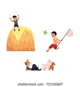 vector flat children at countryside scenes set. boy sitting at meadow on pasture, child having fun at haystack, boy catching butterflies with net. Isolated illustration on a white background.