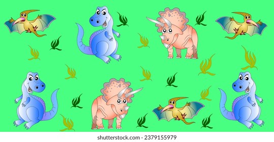 Vector flat children's illustration. Cartoons about dinosaurs. Drawing on fabric. Illustration on a light green background.