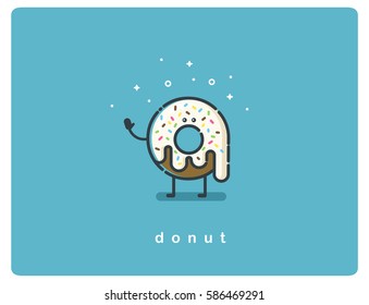 Vector flat chocolate donut cartoon character, food icon 