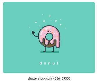 Vector flat chocolate donut cartoon character, food icon 