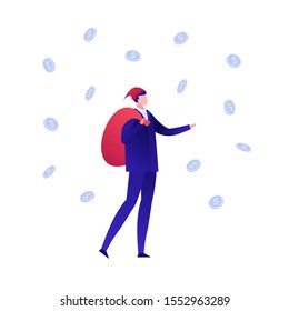 Vector flat christmas celebration business people illustration. Businessman santa with gift bag, and coin fall isolated on white background. Holiday concept. Design element for banner, poster, web