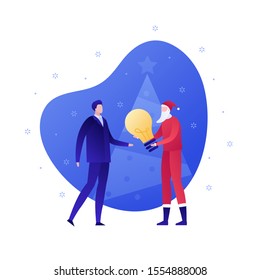 Vector flat christmas celebration business people illustration. Businessman and santa claus giving gift idea isolated on white background. Holiday concept.  