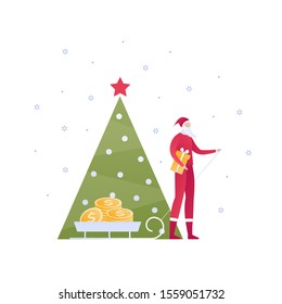 Vector flat christmas celebration business people illustration. Santa Claus holding coin currency gift isolated on white background. Holiday concept. Design element for banner, poster, web