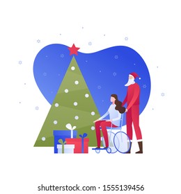 Vector flat christmas celebration disabled person illustration. Santa claus and woman in wheelchair with pack of gift and decorated tree. Charity concept.  