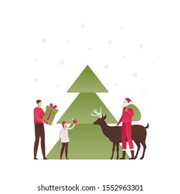 Vector flat christmas celebration people illustration. Man in santa claus outfit with reindeer and father, girl with gift box isolated on white. Family concept. Design element for banner, poster, web