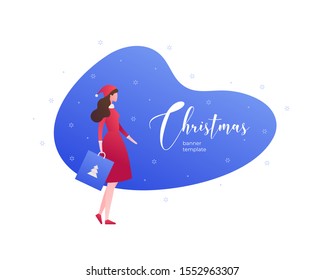 Vector flat christmas celebration people illustration. Female in santa claus outfit with gift bag and snow sign isolated on white background. Holiday concept. Design element for banner, poster, web