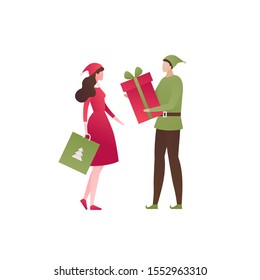 Vector flat christmas celebration people illustration. Man and woman in santa claus and elf outfit with gift bag, box on white background. Holiday concept. Design element for banner, poster, web