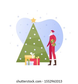 Vector flat christmas celebration people illustration. Man in santa claus outfit with stack of gift box and decorated tree isolated on white background. Holiday concept. Design for banner, poster, web