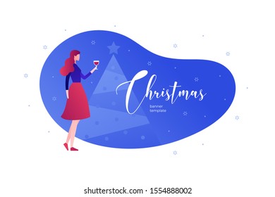 Vector flat christmas celebration people illustration. Female with wine glass with blue backgroud, snowflakes and holiday tree isolated on white.  