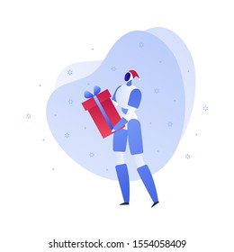 Vector flat christmas celebration technology person illustration. Android with gift box and santa hat outfit isolated on white background. New year concept. Design element for banner, poster, web