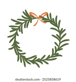 Vector flat Christmas decorative wreath with little orange bow isolated on white background.	