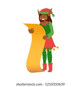 vector flat christmas elf boy in stockings, funny green costume, fancy hat holding big paper scroll smiling. Fairy holiday character santa claus magic assistant. Isolated illustration