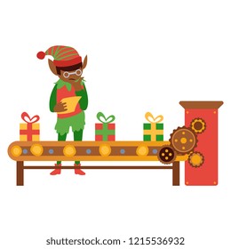 vector flat christmas elf boy standing near conveyor with holiday present toys checking with listing paper. Fairy holiday character in fancy costume, hat, santa assistant. Isolated illustration