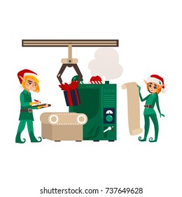 vector flat christmas elf boys standing near conveyor with holiday present toys listing it on scroll, clipboard. Fairy holiday character, christmas santa hat. Isolated illustration on white background