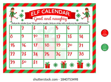 Vector flat Christmas Elf calendar with stickers.