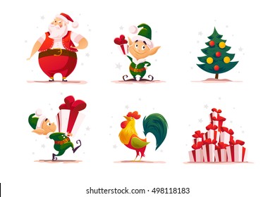 Vector flat christmas elf portrait set. Santa elf character. Cartoon style illustration. Happy New Year, Merry Xmas design element. Good for congratulation card, banner, flayer, leaflet, poster.