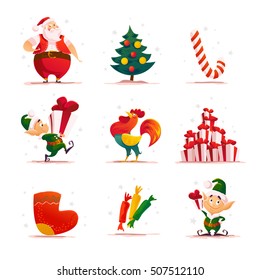 Vector flat christmas elf portrait set. Cartoon style illustration. Happy New Year, Merry Xmas design element. Good for congratulation card, banner, flyer, leaflet, poster.