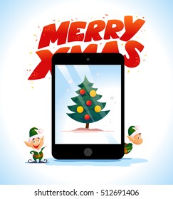 Vector flat christmas elf portrait and fir tree on tablet screen set. Santa elf character. Cartoon style. Happy New Year, Merry Xmas design. Good for congratulation card, banner, flayer, leaflet.