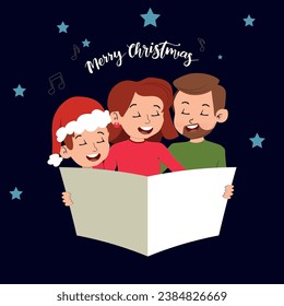 vector flat christmas family scene, people singing a Christmas carol. Vector illustration