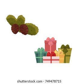vector flat christmas holiday new year festive symbols set. spruce or fir tree branch with pine cone big pile of present boxes in beautiful wrapping with bow. Isolated illustration on white background