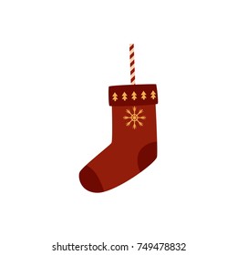 vector flat christmas holiday new year festive decorated empty stocking with snow image. Isolated illustration on a white background.