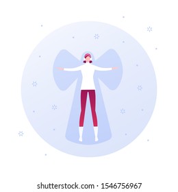 Vector flat christmas holiday winter people illustration. Female playing snow angel isolated on white background. Outdoor activity concept. Design element for banner, poster, web, infographic