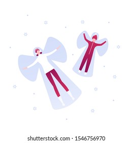 Vector flat christmas holiday winter people illustration. Woman and child couple playing snow angel on white. Outdoor family activity concept. Design element for banner, poster, web, infographic