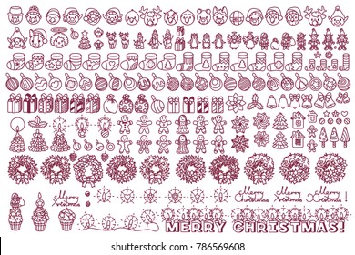 vector Flat christmas icons and new year holiday. Cute cartoon characters. Christmas 
decorative elements. Festive xmas collection illustration. Black and white Christmas emoji and emoticon. 