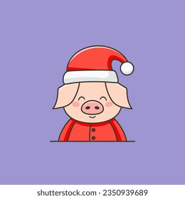 Vector flat christmas illustration with cartoon pig dressed as Santa Claus