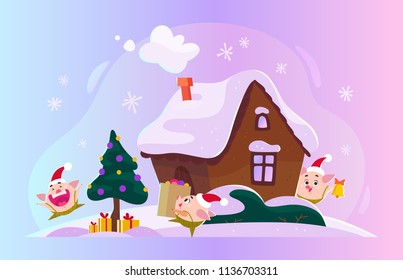 Vector flat Christmas illustration with winter composition - fir tree with gift boxes, ginger house on snowy hills and funny cute little round pig elf in Santa hat. Cartoon style. New year decoration.