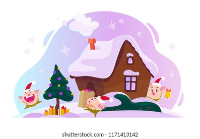 Vector flat Christmas illustration with winter composition. Fir tree with gift boxes, ginger house, snowy hills, funny cute little pig elf in Santa hat. Cartoon style. New year decoration. Web banner.