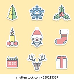vector flat christmas outline labels icons set