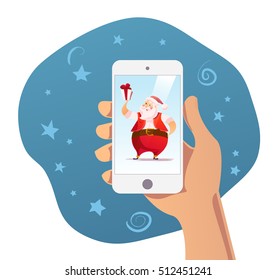Vector flat christmas santa claus character portrait isolated on smartphone screen. Cartoon style illustration. Happy New Year, Merry Xmas design good for congratulation card, banner, flayer, leaflet.