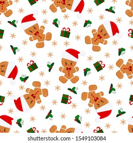 Vector flat christmas seamless pattern with cute gingerbread man in red santa claus hat, gifts, mistletoe, snowflakes on white background. Endless texture. Sample children design cartoon background.