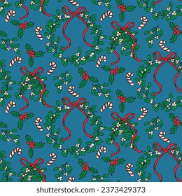 Vector flat Christmas seamless pattern with mistletoe, christmas wreath, candy stick and holly in outline hand drawn cartoon style on blue background. Holiday design for decoration, wrapping