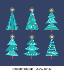 Vector flat christmas tree set, merry christmas and new year concept