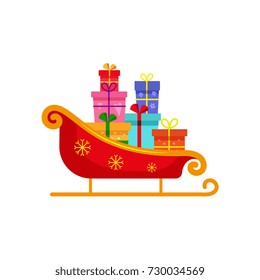 vector flat christmas winter holiday symbol - Decorated with stars, red golden christmas santa sleigh with box, gifts presents pile. Isolated illustration on a white background.