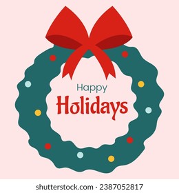 Vector flat christmas wreath isolated on pink background. Doodle christmas decoration. Holiday greeting card