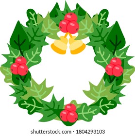 vector flat christmas wreath of leaves with bells and berries. New Year and Xmas elements for greeting cards and design.