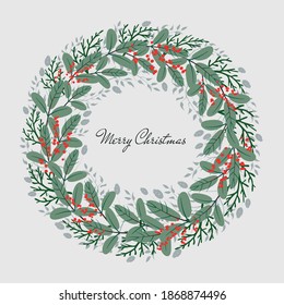 Vector flat Christmas wreath of pine, thuja, red holly berries and other floral elements.