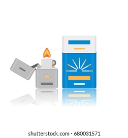 Vector flat cigarette pack and lighter icon. Fire lighter tool and nicotine goods for tobacco smoker. Isolated on white background illustration of logo or sign design illustration.