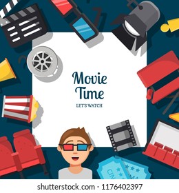 Vector flat cinema icons background with place for text illustration. Cinema movie film, entertainment video