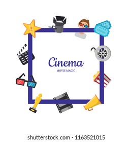 Vector flat cinema icons flying around frame with place for text illustration